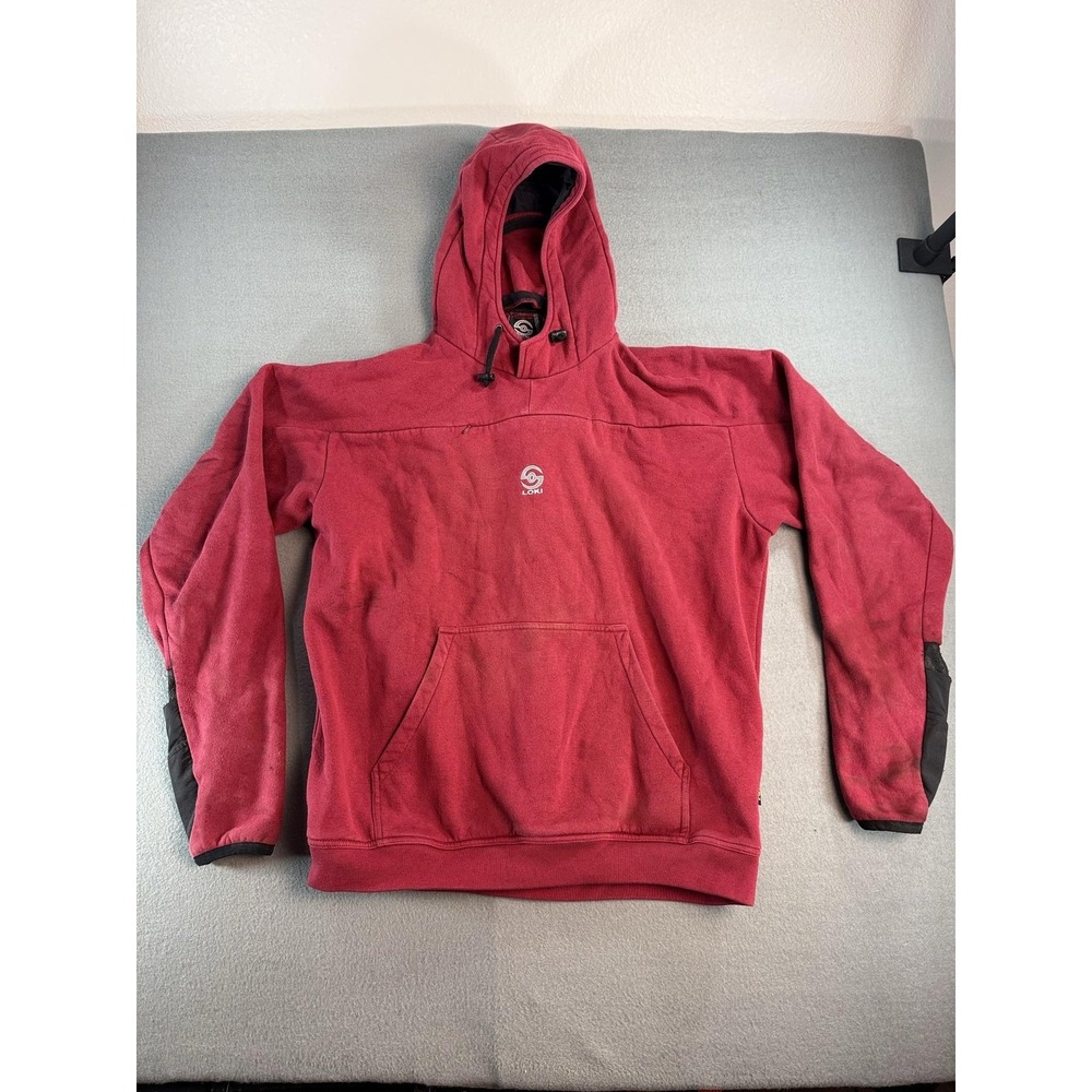 Loki Gear Hoodie Mens Large Red Fleece Pullover Kangaroo Pocket Mitts Logo Y2k